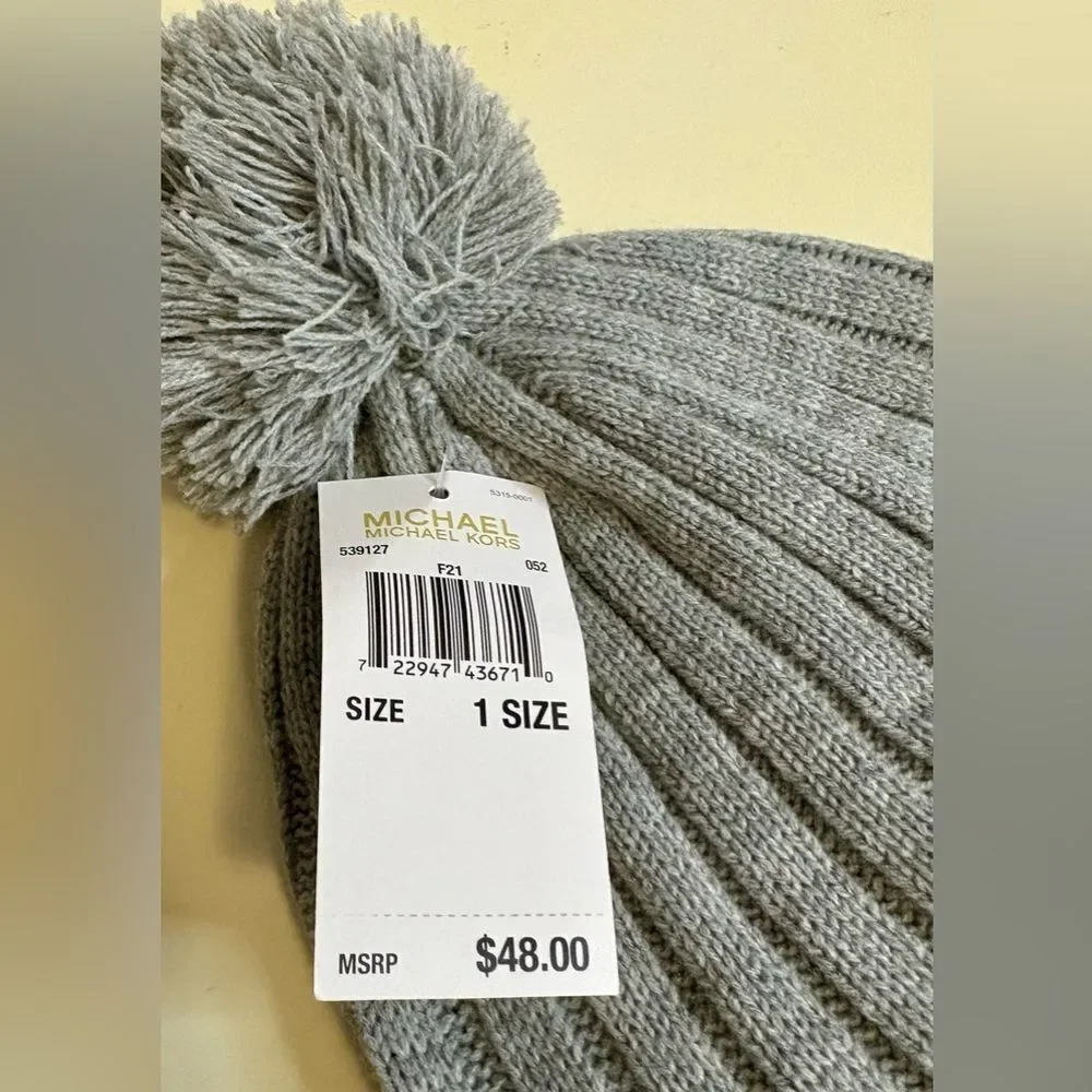 Michael Kors Gray Ribbed Beanie with Pom-Pom